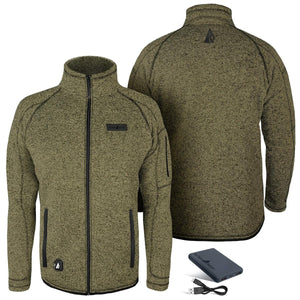 ActionHeat olive green fleece jacket with front and back view and included power bank and charging cable