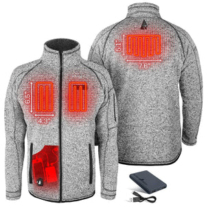 ActionHeat grey fleece jacket showing internal heating element locations and battery pack