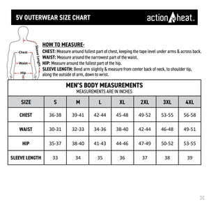 ActionHeat 5V outerwear men body measurement size chart in inches