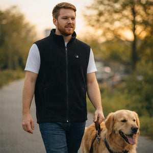 Man wearing a black ActionHeat fleece vest walking a golden retriever on a path
