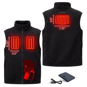 ActionHeat black fleece vest showing heating element placement dimensions and battery pack