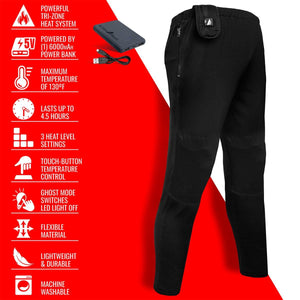ActionHeat black heated pants with power bank and feature list