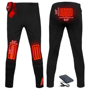 ActionHeat black heated base layer pants showing heating element locations and battery pack