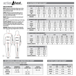 ActionHeat 5V outerwear size chart with measurement instructions and body measurement tables for men women and youth
