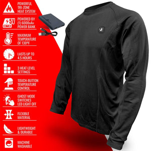 ActionHeat black long sleeve heated shirt with power bank and feature list