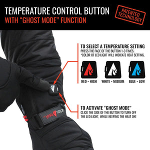 ActionHeat glove temperature control button instructions showing LED color settings and ghost mode activation