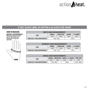 ActionHeat glove size chart showing knuckle circumference measurements for men, women, and unisex sizing