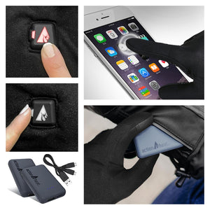 ActionHeat battery powered gloves showing touch screen compatibility and power button settings