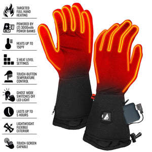 ActionHeat heated gloves with feature list including full hand heating and three heat levels