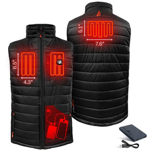 ActionHeat black heated vest showing heating element dimensions and battery connection