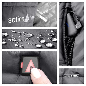 ActionHeat apparel features including water resistant fabric, battery pack in pocket, and power button control