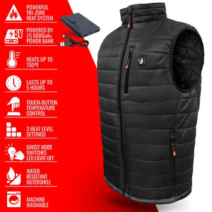 ActionHeat black heated vest with power bank and feature list infographic