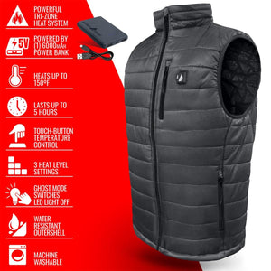 ActionHeat black heated vest with power bank and list of technical features