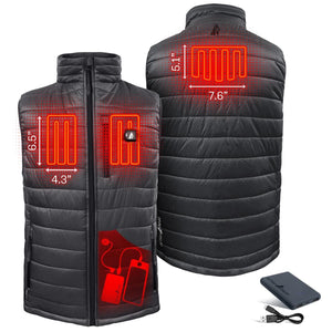ActionHeat black heated vest showing heating element dimensions and battery pack
