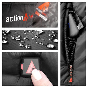 ActionHeat vest features including water resistant fabric, battery pack in pocket, and power button control