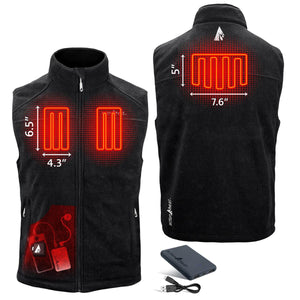 ActionHeat black heated vest showing heating element dimensions and battery pack