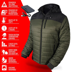 ActionHeat olive green hooded heated jacket with power bank and feature list