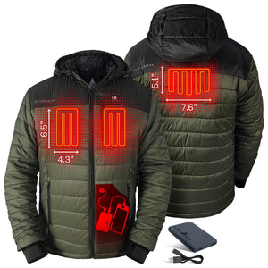 ActionHeat heated jacket showing heating element dimensions and battery pack placement