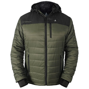 ActionHeat olive green and black hooded puffer jacket with front zipper and chest pocket