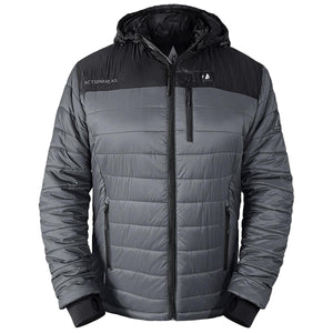 ActionHeat grey and black hooded puffer jacket with front zipper pockets