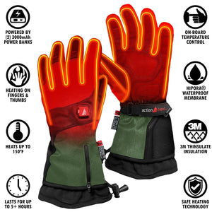ActionHeat heated gloves with feature icons for battery power, temperature control, waterproof membrane, and insulation