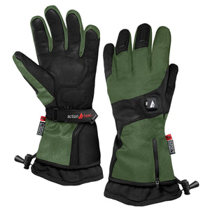 ActionHeat olive green and black heated gloves with adjustable wrist straps and zippered battery pockets