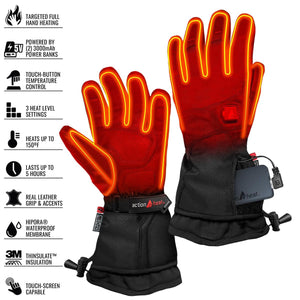 ActionHeat battery powered heated gloves with features list including leather grip and waterproof membrane