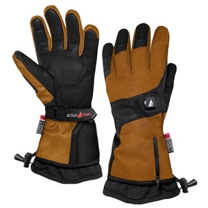 ActionHeat brown and black heated winter gloves with adjustable wrist straps and zippered battery pockets