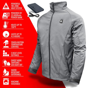 ActionHeat grey heated jacket with power bank and feature list