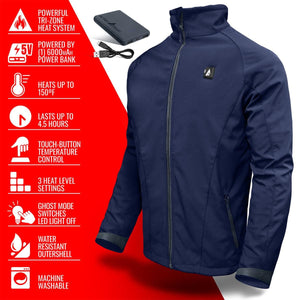 ActionHeat navy blue heated jacket with power bank and feature list infographic