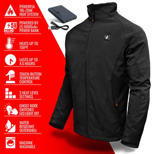 ActionHeat black heated jacket with power bank and feature list