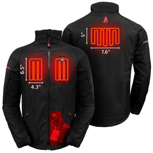 ActionHeat jacket showing heating element placement and dimensions with battery pack