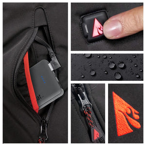 ActionHeat jacket features including battery pack, power button, water resistant fabric, YKK zipper, and logo embroidery