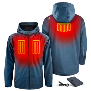 ActionHeat blue hooded jacket showing front and back heating zones with included power bank and charging cable
