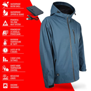 ActionHeat blue hooded jacket with list of technical features and power bank