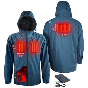 ActionHeat hooded jacket showing heating element locations and battery pack