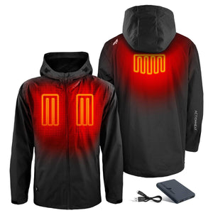 ActionHeat black hooded jacket showing front and back heating elements with power bank and charging cable