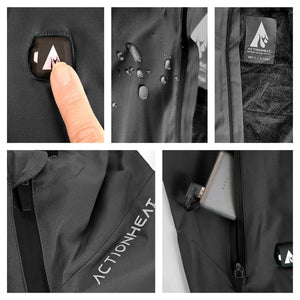 ActionHeat jacket features including power button, water resistant fabric, interior label, branding, and battery pocket