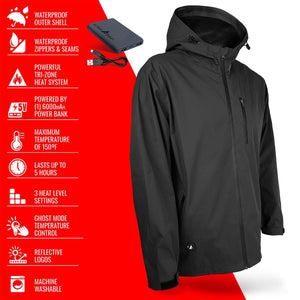 ActionHeat black hooded jacket with waterproof features and power bank specifications