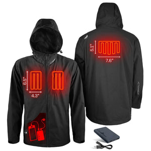 ActionHeat black hooded jacket showing heating element dimensions and battery pack placement