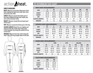 ActionHeat 5V outerwear size chart for men women unisex and youth with measurement instructions