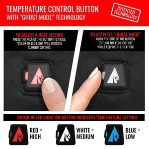ActionHeat temperature control button instructions showing heat settings and ghost mode operation