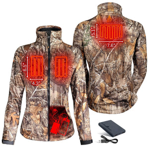 ActionHeat camouflage heated jacket showing heating element locations and battery pack