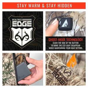 ActionHeat apparel features Realtree Edge camo, Ghost-Mode LED button control, and a portable power bank