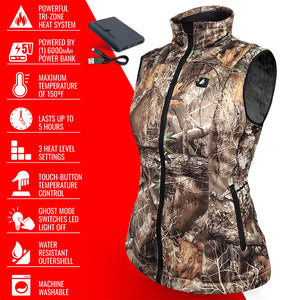 ActionHeat camo vest with power bank and feature list including tri-zone heating and water resistant shell