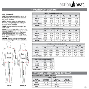 ActionHeat 5V outerwear size chart with measurement instructions and body measurement tables for men women and youth