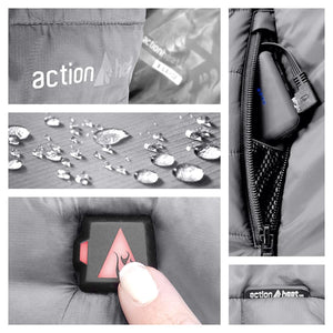ActionHeat jacket features showing water resistant fabric, battery pack in pocket, and power button control