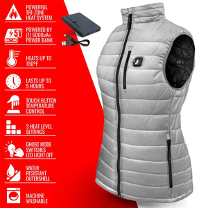 ActionHeat grey quilted heated vest with power bank and feature list