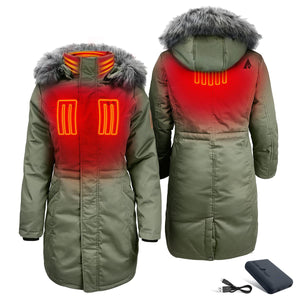 ActionHeat olive green heated parka with faux fur hood and battery pack