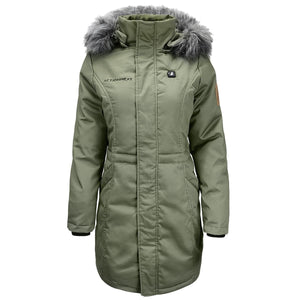 ActionHeat olive green parka with faux fur hood and battery power button